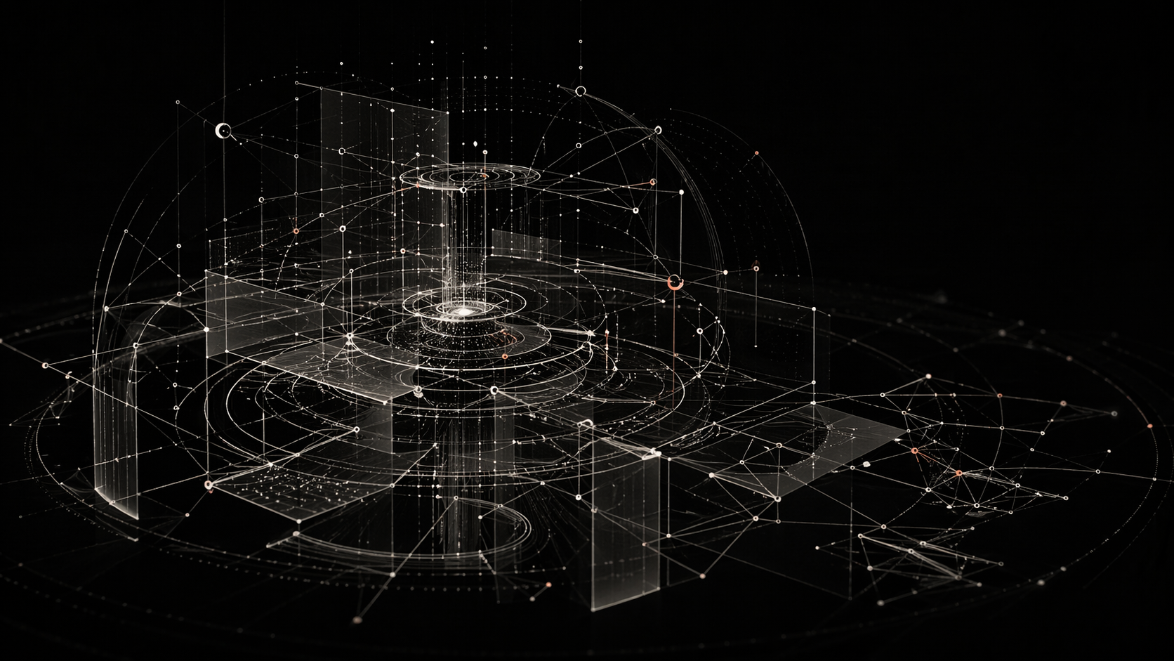 Suspended monochrome topology of company-specific intelligence paths and nodes.